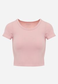 Renee - Różowy Krótki T-shirt Basic z Okrągłym Dekoltem Gresalor. Okazja: na co dzień. Kolor: różowy. Materiał: zamsz, jeans. Długość: krótkie. Styl: casual, klasyczny #8