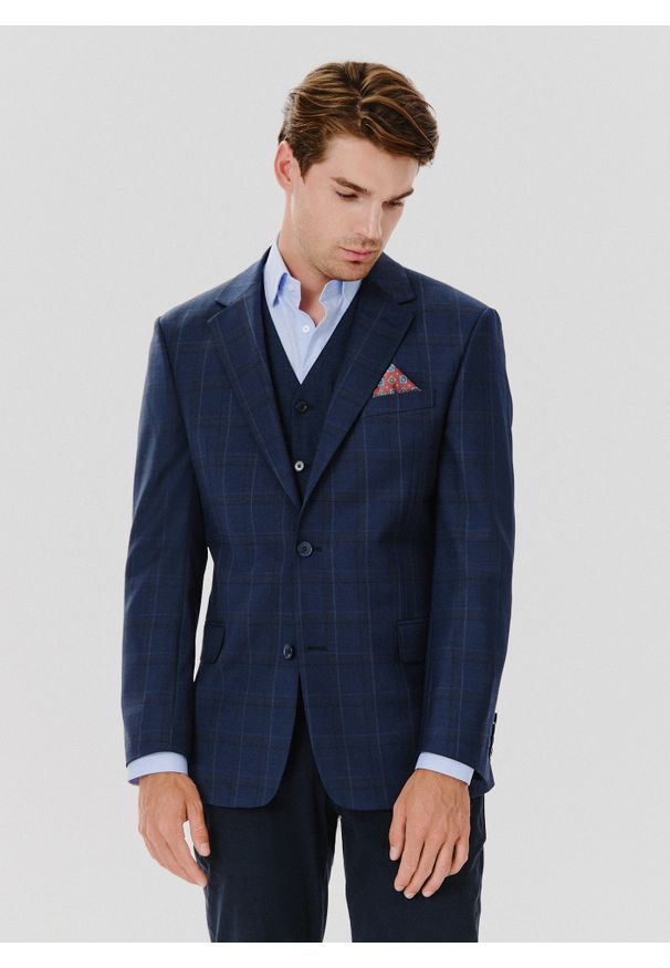 Pako Lorente - PAKO LORENTE – Granatowa marynarka garniturowa w kraciasty deseń. Okazja: na komunię, na ślub cywilny, na wesele. Kolor: niebieski. Materiał: poliester, wełna, lycra