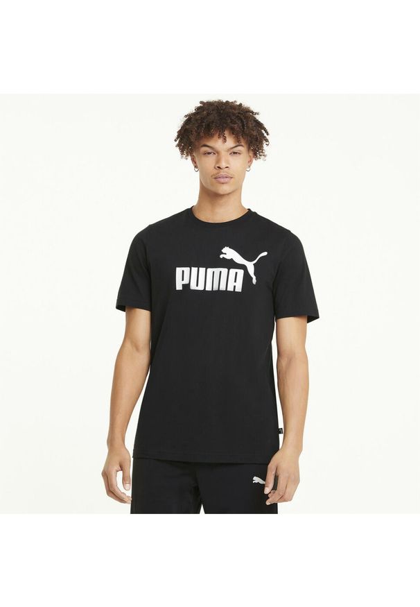 Puma - Męska koszulka z logo Essentials PUMA Black. Kolor: wielokolorowy, czarny, szary. Materiał: materiał