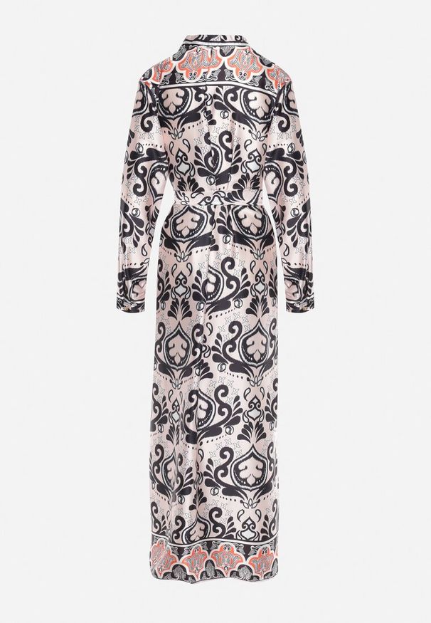 Born2be - Beżowo-Czarna Sukienka o Pudełkowym Fasonie z Satyny w Ornamentalny Print Alerosa. Okazja: na co dzień. Kolor: beżowy. Materiał: satyna. Wzór: nadruk. Styl: casual, elegancki