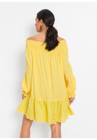 Sukienka z dekoltem carmen i ażurowym haftem bonprix żółty tulipan. Typ kołnierza: typu carmen. Kolor: żółty. Wzór: haft, ażurowy. Typ sukienki: tulipan #6