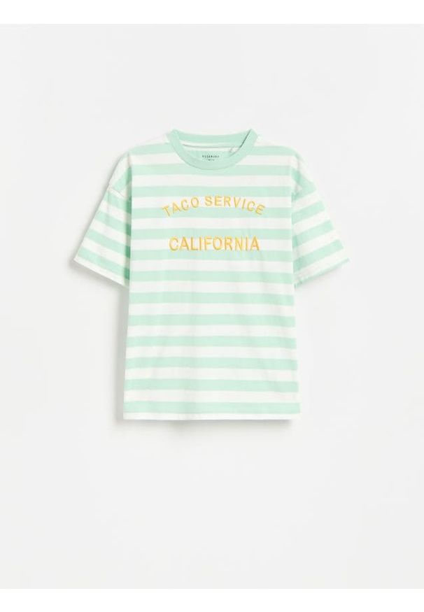 Reserved - T-shirt w paski z haftem - złamana biel. Materiał: bawełna, dzianina. Wzór: haft, paski