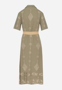 Born2be - Ciemnozielona Bawełniana Sukienka Koszulowa z Ozdobnym Paskiem i Haftem Evialisse. Okazja: na co dzień, na imprezę. Kolor: zielony. Materiał: bawełna. Wzór: haft. Typ sukienki: koszulowe. Styl: casual, elegancki #3