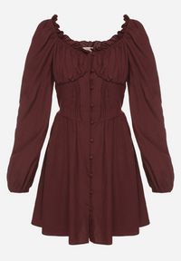 Born2be - Brązowa Sukienka Hiszpanka Vices z Gorsetową Talią i Bufiastymi Rękawami Resana. Okazja: na co dzień. Typ kołnierza: dekolt gorset, dekolt hiszpanka. Kolor: brązowy. Materiał: bawełna. Typ sukienki: gorsetowe. Styl: casual #3