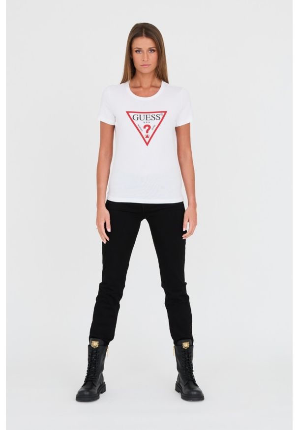 Guess - GUESS Biały damski t-shirt bawełniany Original Tee, Rozmiar S. Kolor: biały. Materiał: bawełna