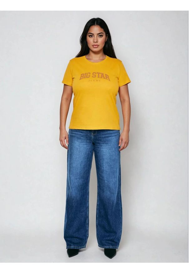 Big-Star - Koszulka damska bawełniana z logo BIG STAR żółta Ramila 201. Okazja: na co dzień. Kolor: żółty. Materiał: bawełna. Wzór: nadruk. Styl: casual, klasyczny, retro