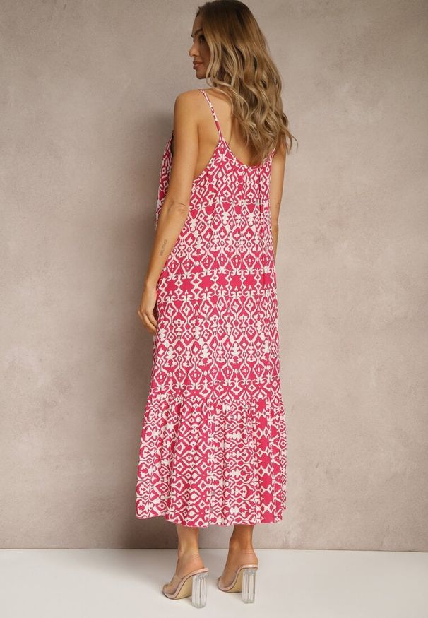 Renee - Różowa Bawełniana Sukienka w Geometryczny Wzór Koloniela. Okazja: na co dzień. Kolor: różowy. Materiał: bawełna. Długość rękawa: na ramiączkach. Wzór: geometria. Styl: casual, elegancki