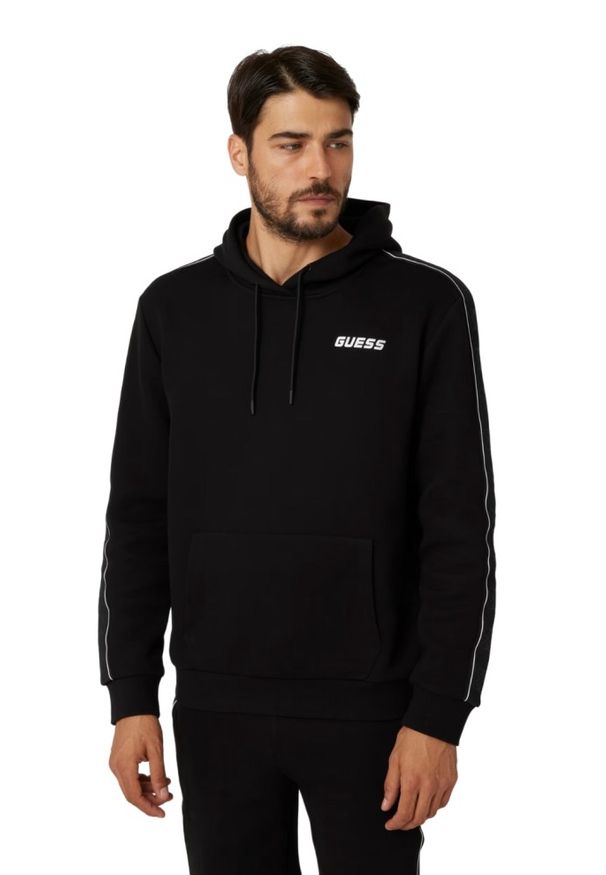 Guess - GUESS Czarna męska bluza z lampasami Mickey, Rozmiar L. Okazja: na co dzień. Kolor: czarny. Materiał: poliester, bawełna, materiał. Styl: casual, elegancki, sportowy