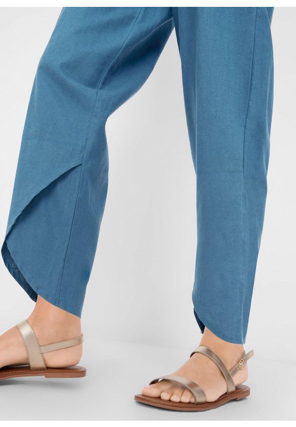 bonprix - Spodnie lniane z przewiewnej mieszanki lnu. Stan: podwyższony. Kolor: niebieski. Materiał: len