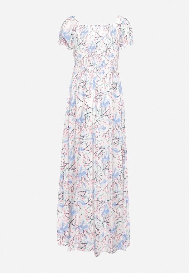 Born2be - Biało-Niebieska Rozkloszowana Sukienka w Kwiaty z Marszczonym Dekoltem Disteria. Okazja: na co dzień. Kolor: biały. Materiał: jeans. Wzór: kwiaty. Sezon: wiosna, lato. Styl: casual, vintage, elegancki