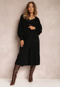 Renee - Czarny Kardigan Długi z Bufiastym Rękawem Mesho. Kolor: czarny. Materiał: jeans. Długość: długie. Styl: elegancki #3