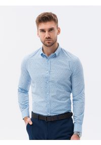 Ombre Clothing - Koszula męska z długim rękawem w mikro wzór - błękitna V3. Kolor: niebieski. Materiał: poliester, bawełna. Długość rękawa: długi rękaw. Długość: długie. Wzór: nadruk