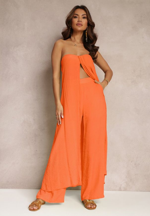 Renee - Pomarańczowy 2-częściowy Komplet Długi Top i Spodnie z Gumką w Pasie i Szerokimi Nogawkami Bincina. Kolor: pomarańczowy