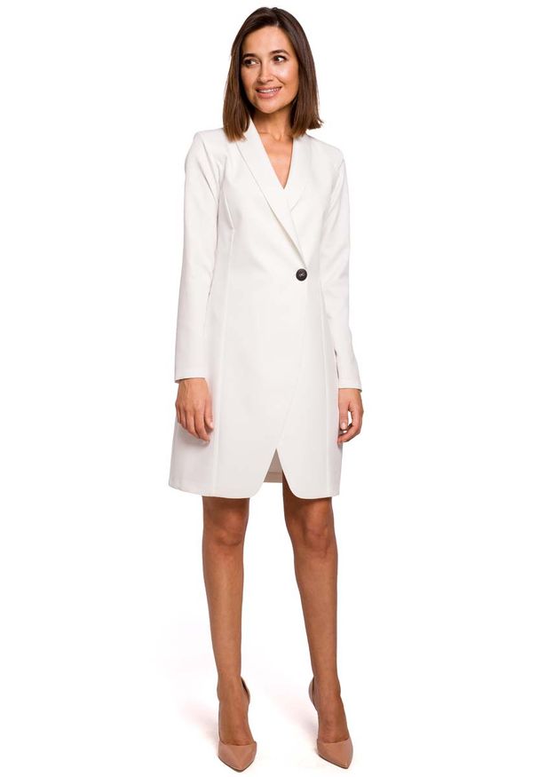 MOE - Ecru Elegancka Żakietowa Sukienka na Jeden Guzik. Materiał: elastan, poliester. Styl: elegancki