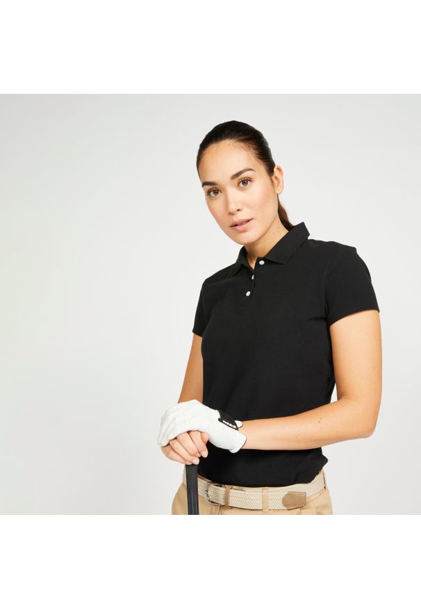 INESIS - Koszulka polo do golfa z krótkim rękawem damska Inesis MW100. Typ kołnierza: golf, polo. Kolor: czarny. Materiał: bawełna, materiał. Długość rękawa: krótki rękaw. Długość: krótkie. Styl: sportowy