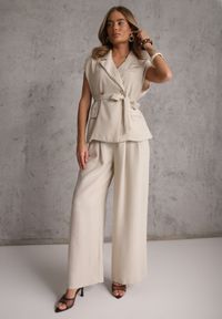 Renee - Beżowy Wiskozowy Komplet Garniturowy Spodnie Wide Leg i Kamizelka z Paskiem Elyenryl. Kolor: beżowy. Materiał: wiskoza #8