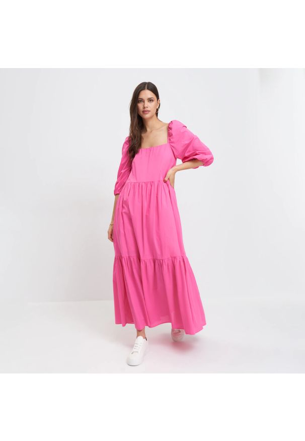 Mohito - Bawełniana sukienka maxi - Różowy. Kolor: różowy. Materiał: bawełna. Długość: maxi