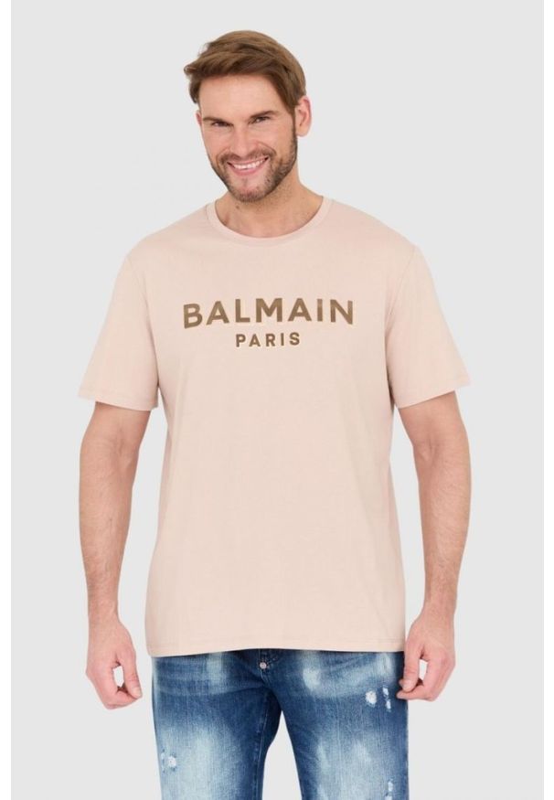 Balmain - BALMAIN Beżowy męski t-shirt z aksamitnym logo flock and foil, Rozmiar 2XL. Kolor: beżowy