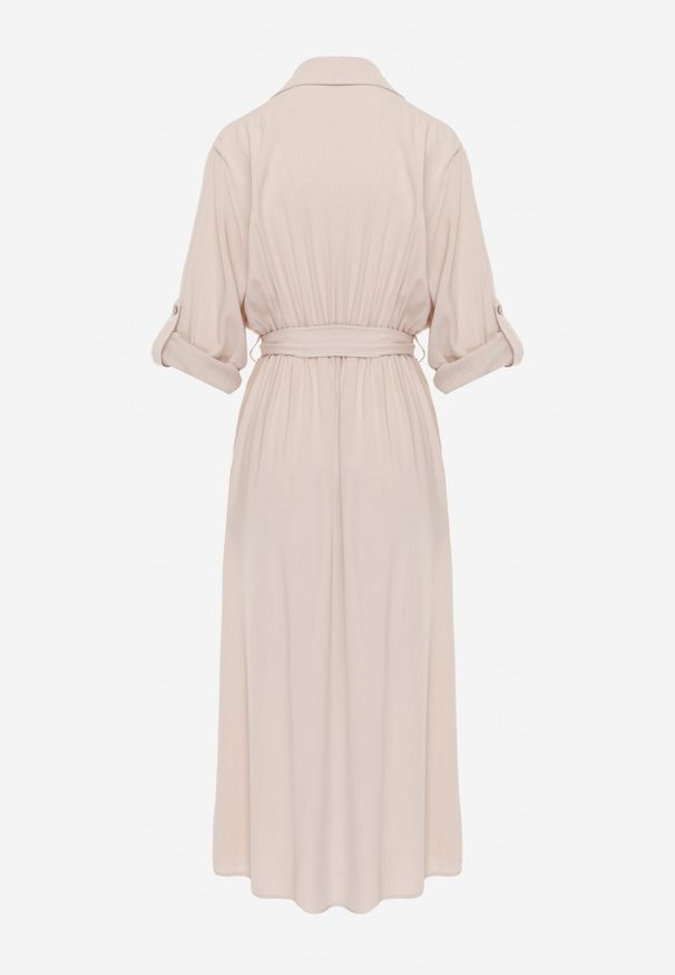 Renee - Jasnobeżowa Koszulowa Sukienka Utility z Bawełny z Wiązanym Paskiem w Talii Retona. Okazja: na co dzień. Kolor: beżowy. Materiał: bawełna. Sezon: lato. Typ sukienki: koszulowe. Styl: boho, glamour, casual