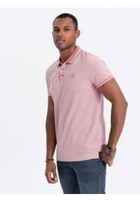 Ombre Clothing - Melanżowa koszulka męska polo z kontrastowym kołnierzykiem - różowa V2. Typ kołnierza: kołnierzyk kontrastowy, polo. Kolor: różowy. Materiał: bawełna. Wzór: melanż #4