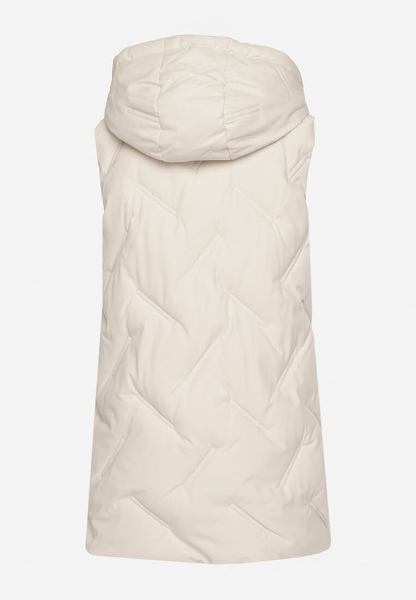 Born2be - Biała Casualowa Kamizelka z Kapturem i Pikowanymi Przeszyciami Caletta. Okazja: na co dzień. Typ kołnierza: kaptur. Kolor: biały. Materiał: jeans. Styl: casual