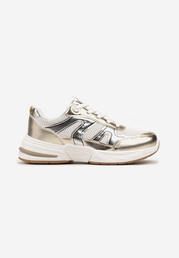 Born2be - Złote Buty Sportowe z Metalicznymi Wstawkami i Siateczką Pareli. Kolor: złoty. Wzór: aplikacja