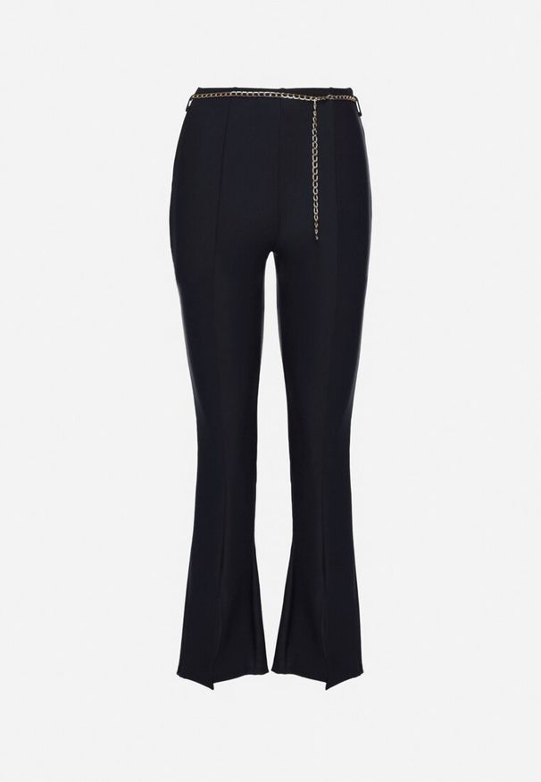 Born2be - Granatowe Eleganckie Spodnie Dzwony z Wysokim Stanem i Ozdobną Sprzączką Tevriana. Okazja: na spotkanie biznesowe. Stan: podwyższony. Kolor: niebieski. Materiał: bawełna, materiał. Styl: elegancki