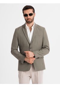 Ombre Clothing - Męska elegancka marynarka SLIM FIT z rayonem – oliwkowa V5 - Rozmiar: M. Kolor: oliwkowy. Materiał: tkanina, poliester, materiał. Wzór: ze splotem. Styl: elegancki #13
