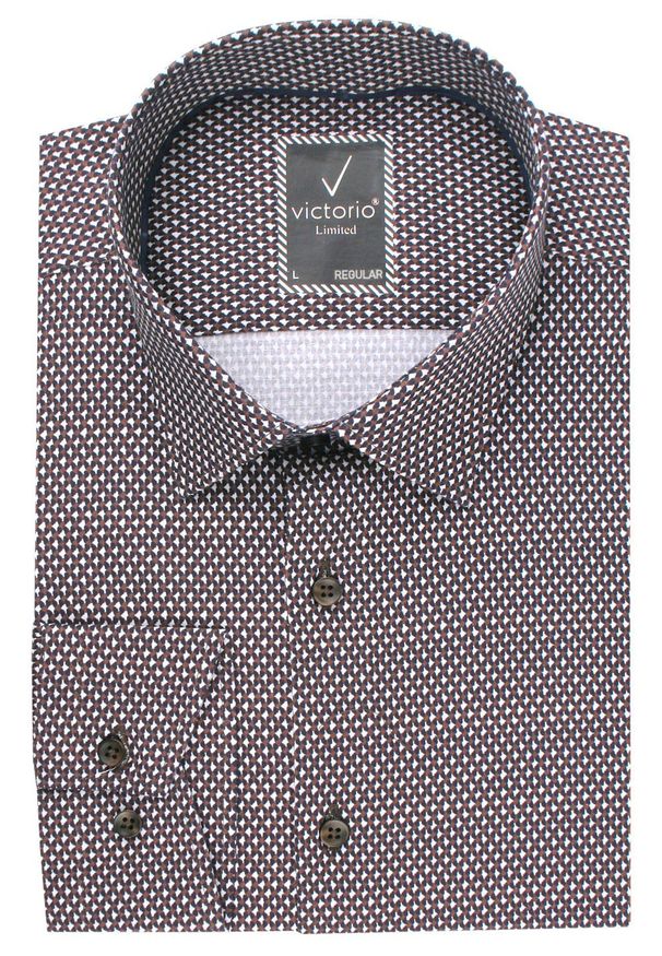 Koszula Wizytowa z Prostym Krojem - Victorio - Brąz, Drobny Wzór. Okazja: na co dzień. Kolor: brązowy, beżowy, wielokolorowy. Materiał: elastan, bawełna. Długość rękawa: długi rękaw. Długość: długie. Styl: wizytowy