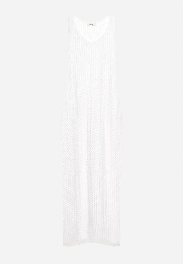 Born2be - Biała Dopasowana Ażurowa Sukienka Plażowa Narzutka Ozdobiona Rozcięciem na Nogę Alvantia. Okazja: na plażę. Kolor: biały. Wzór: aplikacja, ażurowy. Sezon: lato. Styl: klasyczny