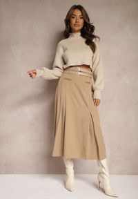 Renee - Beżowa Rozkloszowana Spódnica z Gumką w Pasie Wykończona Ozdobnymi Paskami Evirenie. Okazja: na co dzień. Kolor: beżowy. Wzór: paski. Styl: elegancki, casual