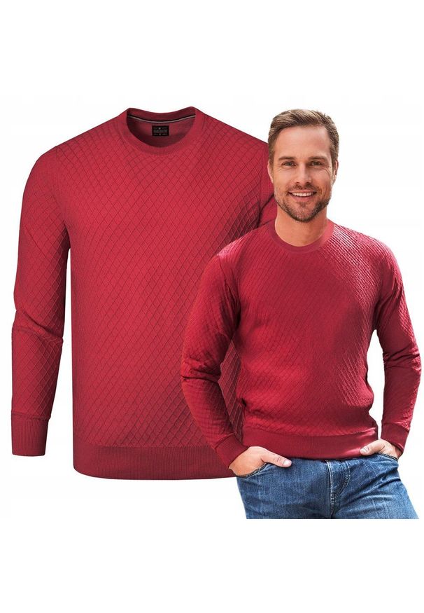 Bawełniany Sweter Męski, Okrągły Dekolt - Pako Jeans - Czerwień, Tkanina z Fakturą. Kolor: czerwony. Materiał: bawełna. Styl: klasyczny, elegancki