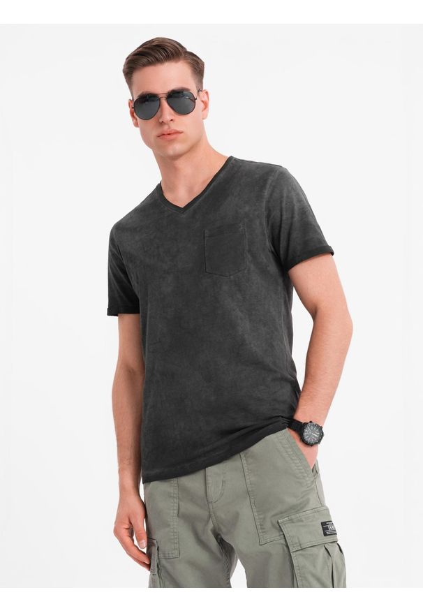 Ombre Clothing - Męski bawełniany t-shirt V-neck z dzianiny z efektem sprania - czarny V6 - Rozmiar: XXL. Okazja: na co dzień. Typ kołnierza: dekolt w serek. Kolor: czarny. Materiał: bawełna, dzianina. Wzór: melanż. Styl: vintage, casual, klasyczny