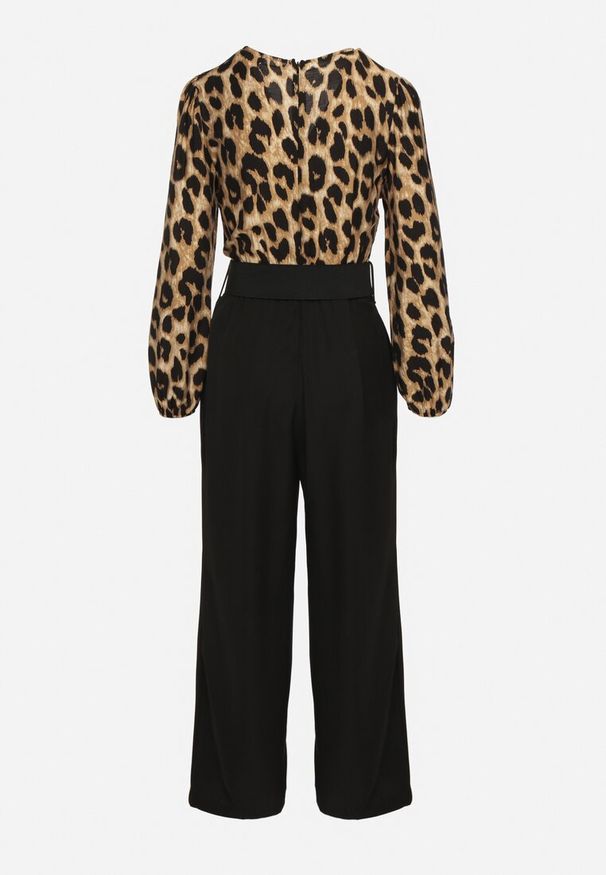 Born2be - Brązowo-Czarny Kombinezon w Panterkę z Szerokim Paskiem Vaison. Okazja: na co dzień. Kolor: brązowy. Długość rękawa: długi rękaw. Długość: długie. Wzór: motyw zwierzęcy. Styl: casual, klasyczny