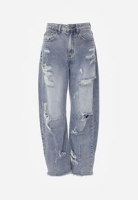 Born2be - Niebieskie Bawełniane Jeansy Balloon z Wysokim Stanem i z Prztarciami Dziurami Typhaea. Okazja: na co dzień. Stan: podwyższony. Kolor: niebieski. Styl: casual, elegancki #4