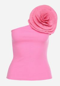Born2be - Fuksjowa Asymetryczna Bluzka Top z Bawełny Ozdobiona Kwiatem 3D Ulsavia. Kolor: różowy. Materiał: bawełna. Wzór: aplikacja, kwiaty #5