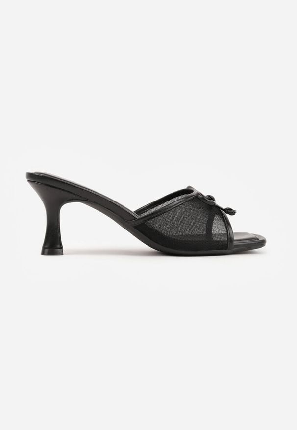 Renee - Czarne Klapki na Szpilce z Siateczkową Cholewką i Kokardą Brefia. Okazja: na co dzień. Kolor: czarny. Materiał: tiul. Obcas: na szpilce. Styl: casual. Wysokość obcasa: średni