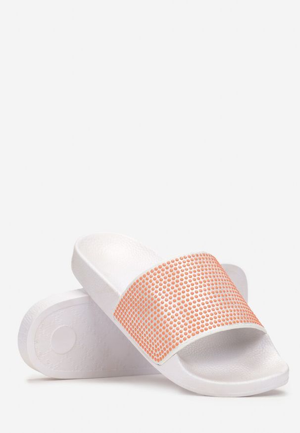 Renee - Pomarańczowe Klapki Ozdobione Cyrkoniami na Szerokim Pasku Alitia. Okazja: na co dzień. Kolor: pomarańczowy. Wzór: aplikacja. Styl: casual, sportowy