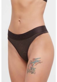 Calvin Klein Underwear stringi kolor brązowy z koronki. Kolor: brązowy. Materiał: koronka. Wzór: koronka