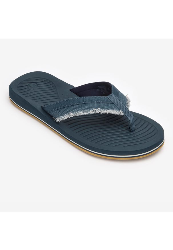 Decathlon - Japonki męskie Olaian 550. Okazja: na plażę. Kolor: niebieski, wielokolorowy, beżowy, biały, szary. Materiał: poliester. Wzór: paski. Styl: sportowy