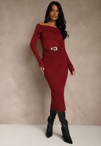 Renee - Bordowa Spódnica o Ołówkowym Kroju z Wiskozą z Paskiem i Rozcięciem Saweda. Okazja: na co dzień. Kolor: czerwony. Materiał: wiskoza. Styl: casual, elegancki #1