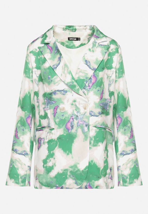 Born2be - Beżowo-Zielona Dwurzędowa Marynarka z Abstrakcyjnym Wzorem Tie-Dye Floretellia. Kolor: beżowy. Materiał: tkanina