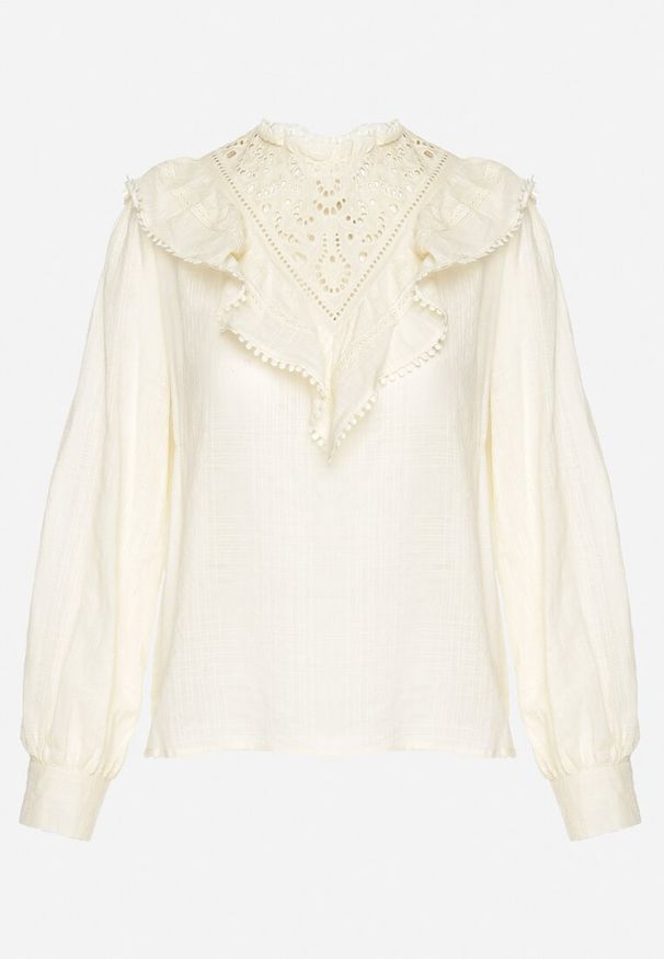 Born2be - Żółta Bawełniana Bluzka z Ażurowym Haftem i Falbaną Przy Dekolcie Neveine. Okazja: na co dzień. Kolor: żółty. Materiał: bawełna. Długość rękawa: długi rękaw. Długość: długie. Wzór: ażurowy, haft. Sezon: wiosna, lato. Styl: boho, casual, elegancki