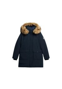 Parka z sztucznego futra damska Superdry Everest. Kolor: niebieski. Materiał: futro. Długość rękawa: długi rękaw. Sezon: zima #1