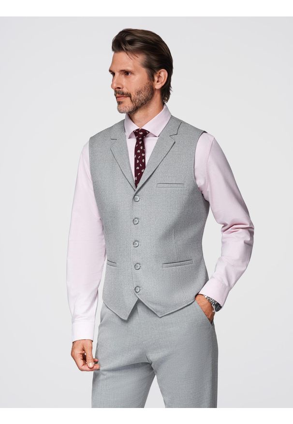 Ombre Clothing - Męska kamizelka garniturowa z kołnierzem - jasnoszara V1. Kolor: szary. Materiał: poliester