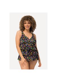 ULLA POPKEN - Damskie Tankini owoce miękkie miseczki falbanki z recyklingu. Kolekcja: plus size. Kolor: czarny. Materiał: elastan, poliamid, materiał