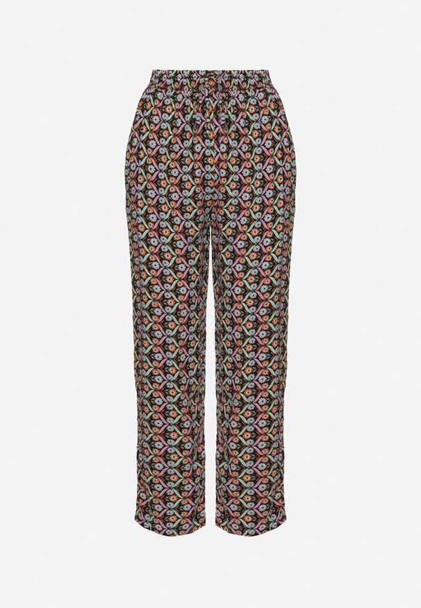 Born2be - Czarne Bawełniane Spodnie z Wiązaniem i Gumką w Talii w Geometryczny Wzór Ivelriz. Okazja: do pracy, na co dzień, na spotkanie biznesowe. Kolor: czarny. Materiał: bawełna. Wzór: geometria. Sezon: wiosna, lato. Styl: casual, klasyczny, biznesowy