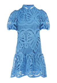 Born2be - Niebieska Sukienka Cilleis. Typ kołnierza: kołnierzyk stójkowy. Kolor: niebieski. Materiał: koronka. Wzór: koronka, aplikacja, ażurowy. Styl: elegancki. Długość: mini #4