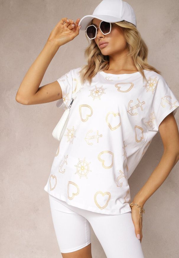 Renee - Biały Bawełniany T-shirt z Błyszczącym Printem Idrana. Kolor: biały. Materiał: bawełna. Wzór: nadruk. Styl: klasyczny