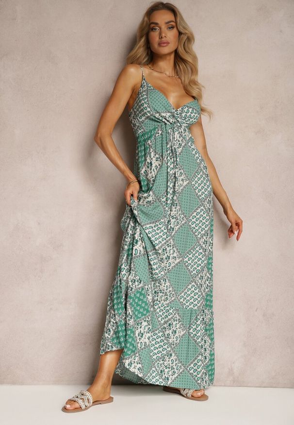 Renee - Zielona Boho Sukienka z Wiskozy z Gumką w Pasie i Trójkątnym Dekoltem Winsalia. Okazja: na co dzień. Kolor: zielony. Materiał: wiskoza. Styl: boho